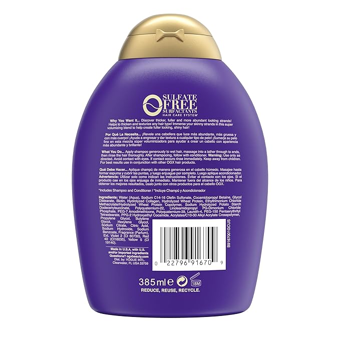 OGX Shampoo for Thin Hair, 13 fl oz | Biotin & Collagen | Volumizing | Sulfate-Free | Pack of 2