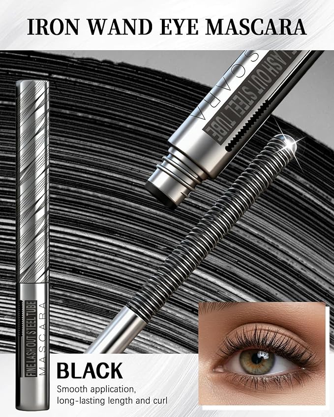 Black Iron Wand Mascara, 3D Curling Eye Lashes, Waterproof Mascara Volume and Length, Long Lasting Smudge-Proof, Metal Wand, Volumizing, Lashes Extensions, No Flaking Tint, Women's Day Makeup Gift-01