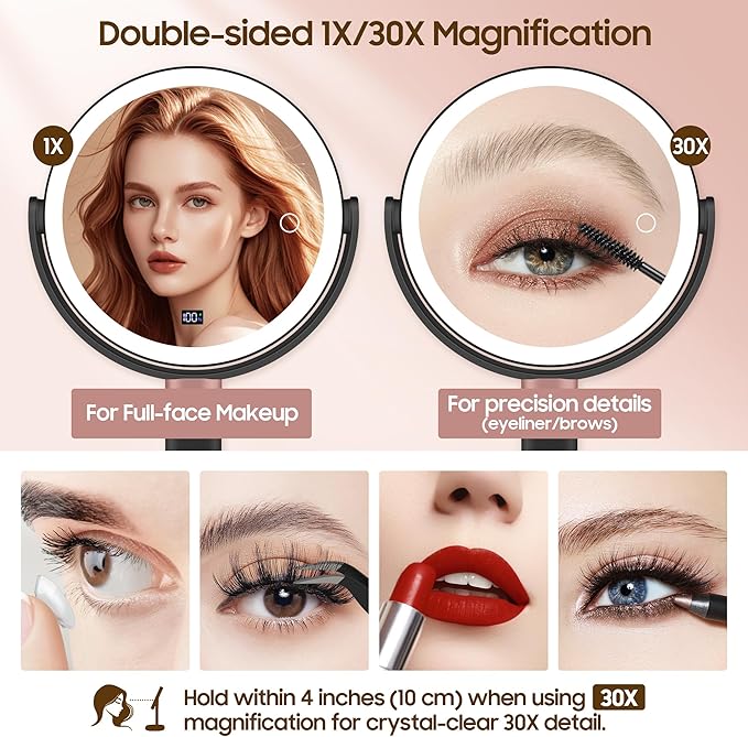 Magnifying Mirror with Light 30X/1X, Digital Display, Smart Touch Control, Vanity Mirror with 3 Color Lights, 360 Rotate, Height Adjustable Lighted Magnifying Mirrors for Desk Travel