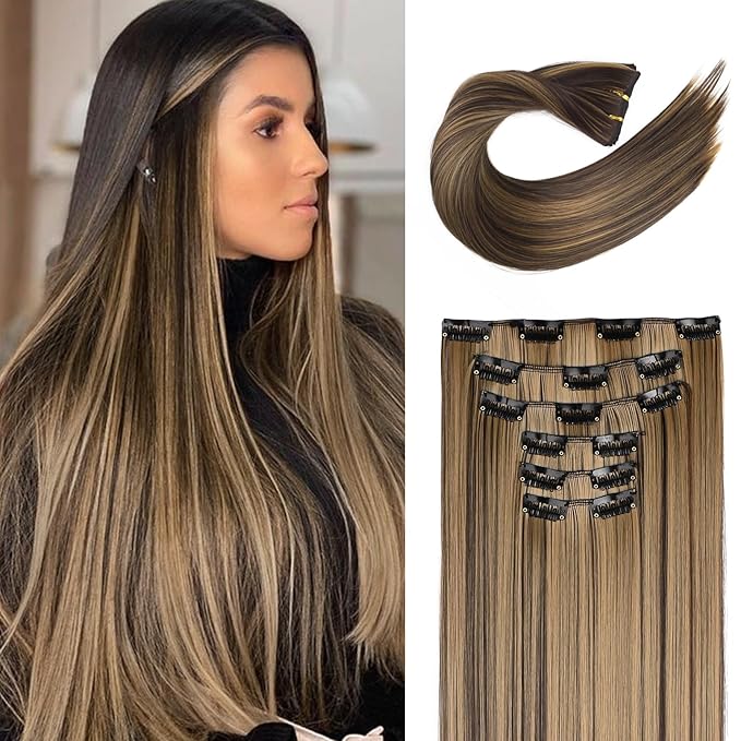 FLUFYMOOZ 6PC Clip in Hair Extensions 24" Straight Long Extensions for Women Synthetic Hairpiece (Chocolate Brown with Blonde Highlights)