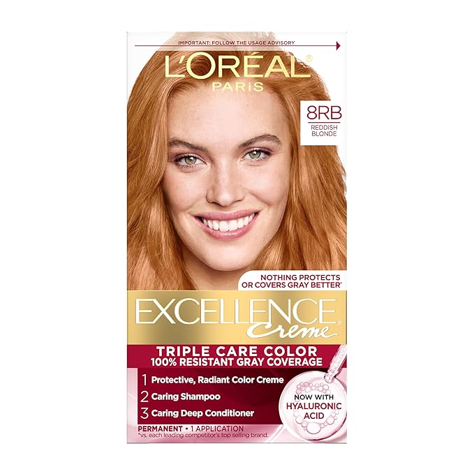 L'Oreal Paris Excellence Crème Permanent Hair Dye, Triple Care Hair Color with Hyaluronic Acid for 100% Gray Coverage, 8RB Reddish Blonde, 1 Kit (Packaging May Vary)