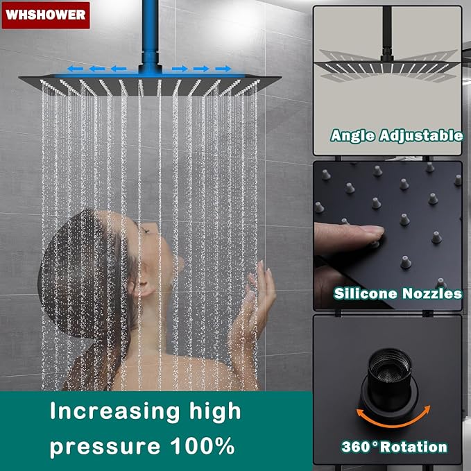 WHSHOWER Digital Display Shower Faucet Set With 12 Inch Rainfall Shower Head,Brass Handheld Sprayer And 6pcs Body Jets,Full Body Shower System (Matte Black)
