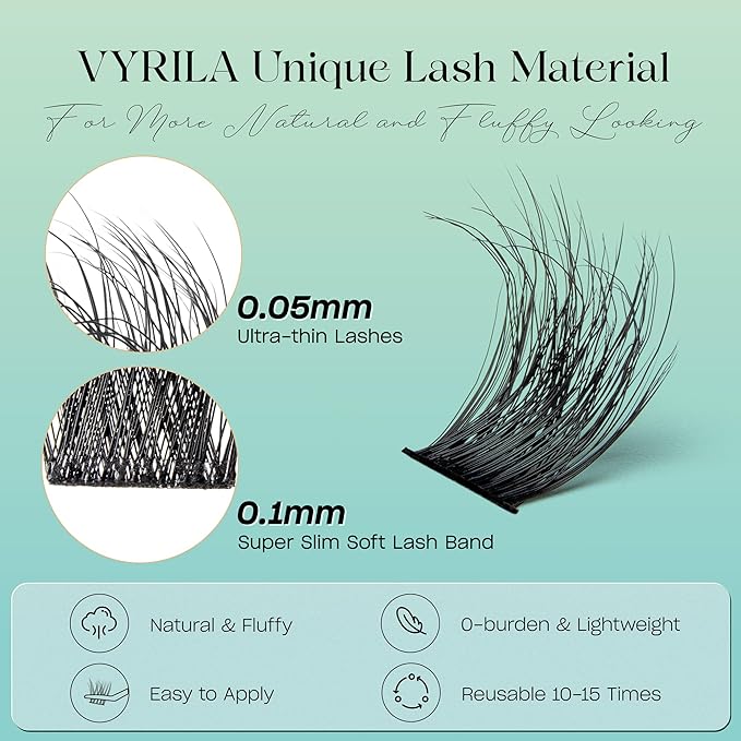 Lash Clusters 0.05mm Individual Lashes, 3D Wispy Lashes Clusters, 0.1mm Super Thin Band Resuable Natural Lashes,D Curl Faux Mink Lashes,180pcs Lash Extension (Green Lushy-C-0.05-8-16mix)