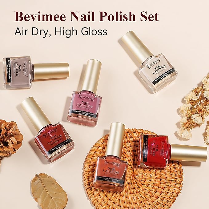 Nail Polish Set 6 Colors Quick Dry Nail Lacquer Non Gel Nude Brown Red Air Dry Fingernail Polish Regular Sheer Colors DIY Salon Gift for Women