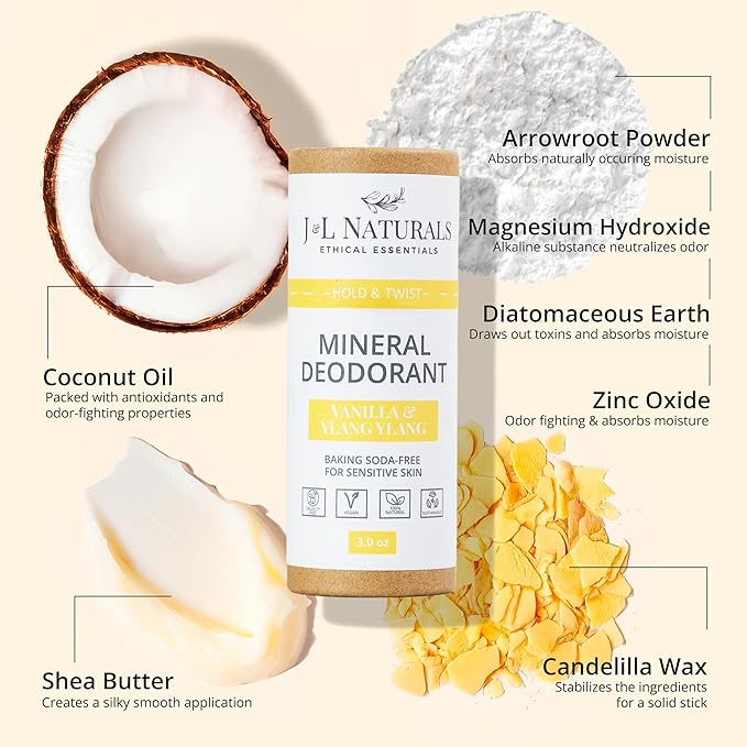 J&L Naturals Mineral Deodorant | Baking Soda-Free, 100% Natural, Sustainable Skin Care | Sensitive Deodorant For Women & Men | Aluminum Free, Vegan, Cruelty-Free (Woody & Spicy, 3 Oz (Pack of 4))