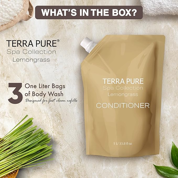 Terra Pure Spa Collection 1 Liter Lotion Refill Bag For Soap Dispensers | Bulk Toiletries for Vacation Rentals, and Home Bathroom Showers | Green Tea Lemongrass | Set of 3