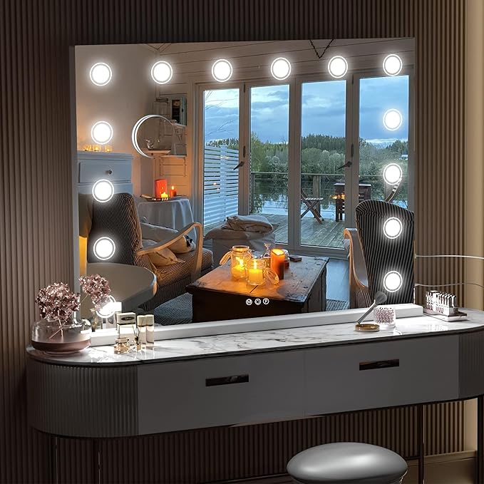 Hasipu Vanity Mirror with Lights, 32" x 24" Makeup Mirror, Light up Mirror with 14 Dimmable LED Lights and 10X Magnification, 3 Colors Modes, Touch Control, USB Charging Port, White