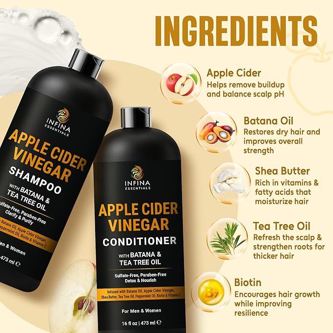 INFINA ESSENTIALS Apple Cider Vinegar Shampoo and Conditioner Set | 16 fl oz Each | with Batana Oil, Biotin & Tea Tree | Clarifying, Detoxifying & Moisturizing Formula | Promotes Hair Growth & Shine