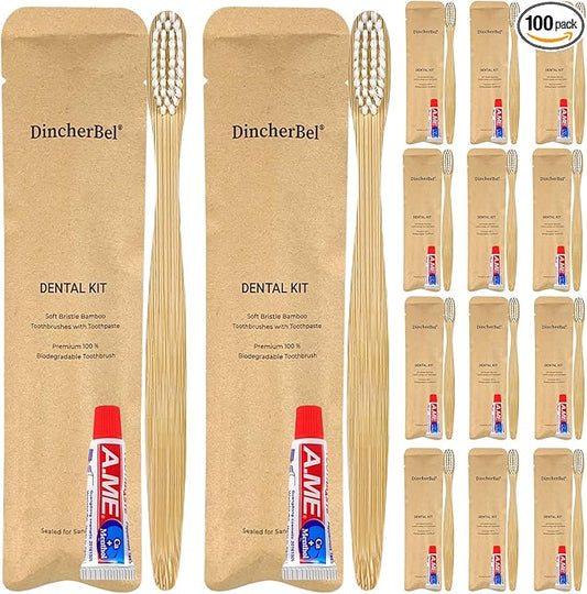 DincherBel Bamboo Toothbrushes Kit Bulk, Disposable Toothbrushes with Toothpaste(6g), Individually Wrapped Toiletries Amenities for Hotel, Airbnb, Homeless, Shelter, Camping and Travel (100 Pack)