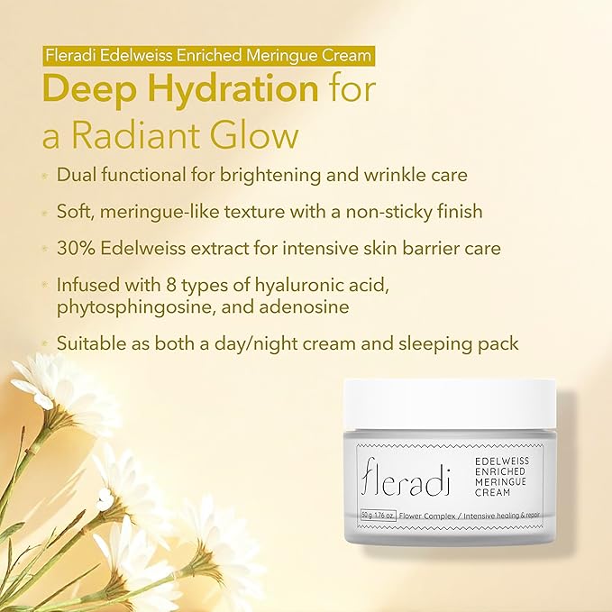 fleradi Edelweiss Face Cream for Women and Men – Korean Night Moisturizer with 30% Edelweiss Extract (Natural Power), Deep Hydration for Dry Skin (Advanced Barrier Care)