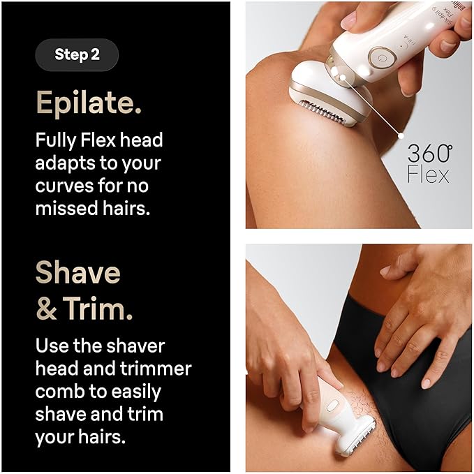 Braun Epilator Silk-épil 9 Flex SkinSpa, Hair Removal Device, 360 Flex and Pivoting Head, Wet and Dry, Includes Shaver Head, Trimmer Comb, Massage Pad, Exfoliation Brush and BodyTrimmer, SES9-481 3D