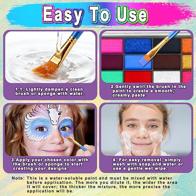 Water Activated Face Paint Professional Kit, Water Based Face Paint for Kids, 42 Color Non-Toxic Face Painting with 15 Stencils, Gems, Brushes,8 Tattoo Stencil for Christmas, Party, Carnival, Festival