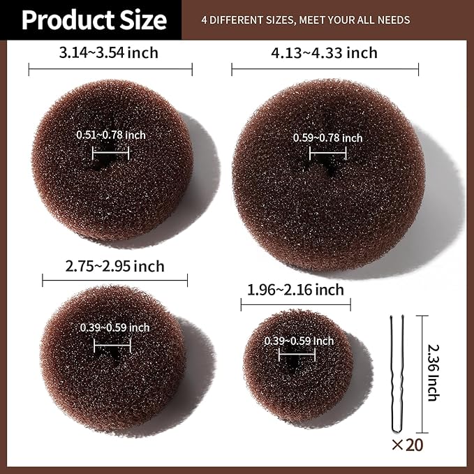 Teenitor Hair Bun Maker for Women, 4 Pcs Brown Ballet Buns in 4 Sizes, Hair Donuts