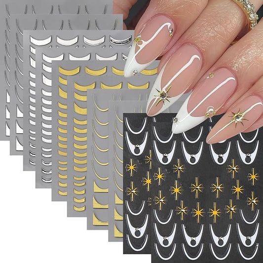 10 Pcs French Stripe Line Nail Stickers 3D Self-Adhesive Metal Strip French Nail Decals Gold Silver Geometric Waved Rhinestones Star Nail Design French Line Nail Supplies for Women DIY Nail Decor