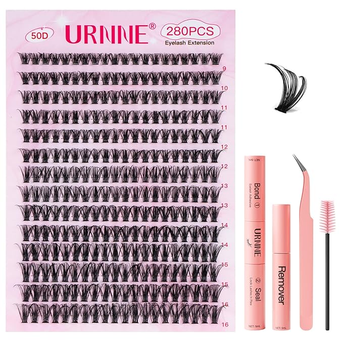 DIY Lash Extension Kit, 280 PCS Lash Clusters, 50D Eyelash Extension Kit, 9-16MM Individual Eyelashes Kit with bond, seal, Remover, Tweezers for Eyelash Extensions by URNNE