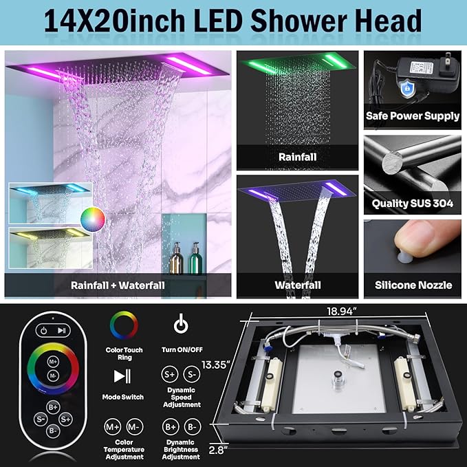 HOMEDEC Luxury Dual Shower System for Couples, LED 14x20" 2-Function and Dual 6" Side Wall Mounted Shower Heads, with 4-Way Diverter Valves, Black