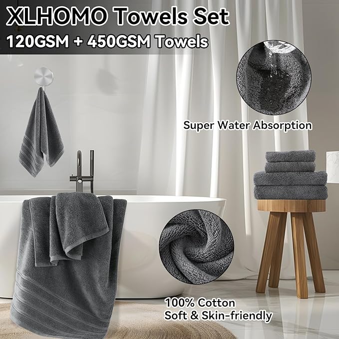 XLHOMO Bathroom Set - Grey Bathroom Accessories Set with Shower Curtain, Bath Towels, Soap Dispenser, Toilet Brush, Trash Can, Grey Bathroom Accessories Sets Complete for Housewarming