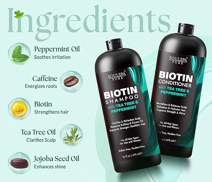 Biotin Shampoo and Conditioner Set for Men & Women with Tea Tree & Peppermint | Sulfate Free Scalp Care & Hair Strengthening System for Thinning, Color Treated & Dry Hair – 16 floz Each | SOULSPA PURE