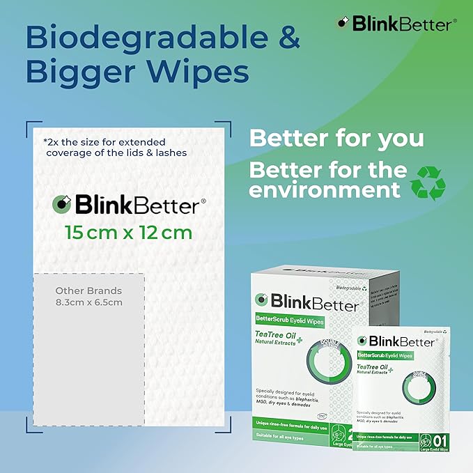 Tea Tree Oil Eyelid Wipes - 20 x Natural Blepharitis, MGD & Dry Eye Relief Wipes | Cleansing, Soothing, Dual-Textured, Triple Moisture Formula | Biodegradable & Gentle (Pack of 1, 20)