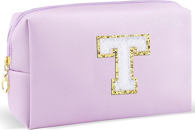 URSKYTOUS Gifts for Girls Initial Makeup Bag Personalized Cosmetic Bag with Zipper Cute Travel Toiletry Bag Waterproof PU Preppy Makeup Pouch Birthday Gift for Teen Girls Women(Purple T)
