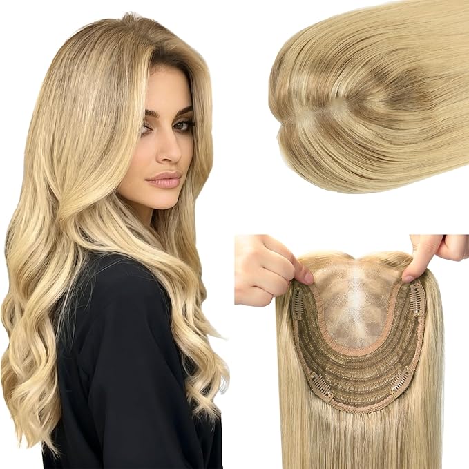 Hair Toppers for Women Real Human Hair 16 inch 75 grams Golden Brown with Caramel Blonde High Density 6x7 inch Base Human HairTopper for Women with ThinningHair Cover Gray Roots(#102727 16inch)