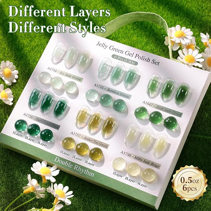 Double Rhythm 6 Pcs 15 ML Gel Polish Set Same Color Same Bottle Soak Off Gel Polish Kit Nail Art Manicure Salon DIY at Home for Women (Jelly Milky Light Green Olive Teal-T6-81)