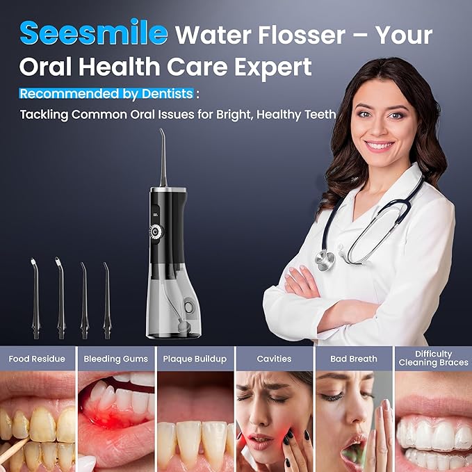 SEESMILE Water Flossers for Teeth, 100-Modes & 150-Psi High Pressure for Teeth Cleaning and Flossing, Portable Dental Floss Water Picks Cordless, 300ML & IPX7 Waterproof Flosser for Braces Kids Black