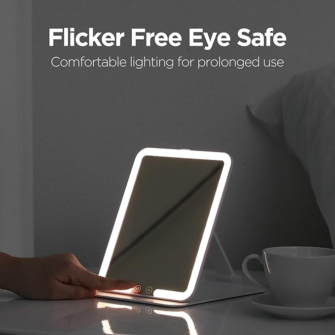 mooas Travel Makeup Mirror, Portable LED Lighted Vanity Mirror, 6.1×7.83 in Slim Foldable Mirror with Touch Control, 3-Color Dimmable Lighting, Rechargeable USB-C, Pouch Included, White (Square)