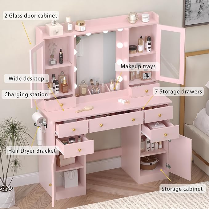 Vanity Desk with Mirror and Lights, 43" Pink Makeup Vanity Set with 5 Drawers & Glass Cabinets, Makeup Tray, Power Outlet & Adjustable LED Lights, Dressing Table for Women & Girls Bedroom