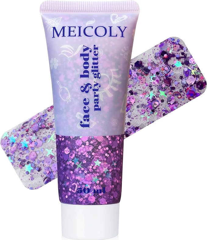 MEICOLY Purple Hair Glitter Kids Makeup,Holographic Halloween Sparkly Face Glitter,Self-Adhesive Mermaid Sequins Face Body Glitter,Chunky Glitter for Festival Rave Accessories Costume Outfits
