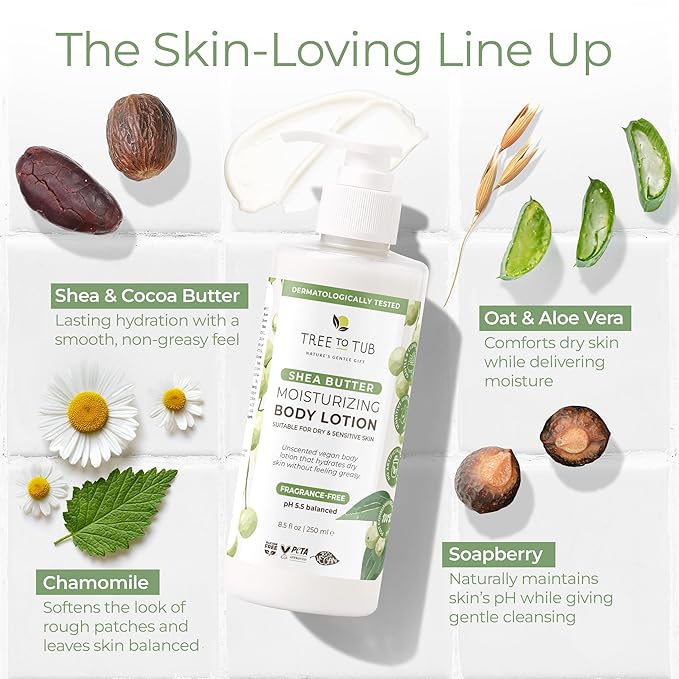 Tree to Tub Unscented Shea Butter Body Lotion for Dry Skin - Fragrance Free Lotion,Vegan Body Moisturizer, Good for Sensitive Skin for both Women & Men 2 Pack