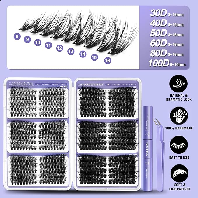 DIY Lash Clusters Kit Pre Mapped 30-100D Volume Eyelash Extension Kit 8-16mm Thick Individual Lashes 530 pcs with Lash Bond and Seal, Lash Tweezers, Super Thin Band Eyelashes