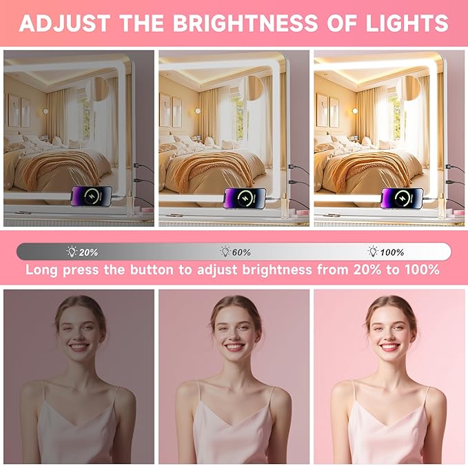 Vanity Mirror with Lights, 28" x 20" LED Makeup Mirror with 10X Magnification, Dimmable 3 Modes, Memory Function, Smart Touch, USB Charging Port, Lighted Makeup Mirror Round White