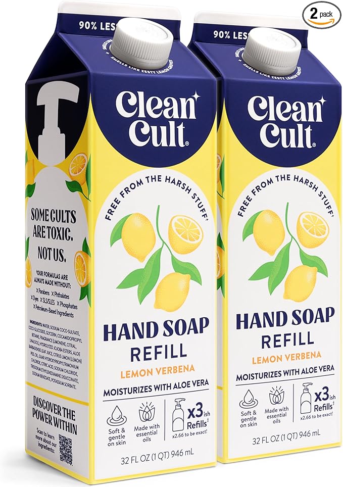 Cleancult Liquid Hand Soap Refills - Lemon Verbena - Moisturizes Dry & Sensitive Skin - Made with Aloe Vera & Essential Oils - Eco Friendly - Paper-Based Packaging - 32 oz/2 Pack