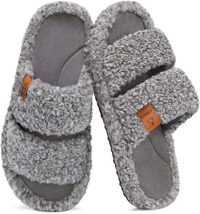 ATHMILE House Slippers for Women with Platform Memory Foam Arch Support Open Toe, Fuzzy Fluffy Cozy Womens Slippers for Home Indoor Outdoor Bedroom Ladies Christmas Gifts Pantuflas Para Mujer