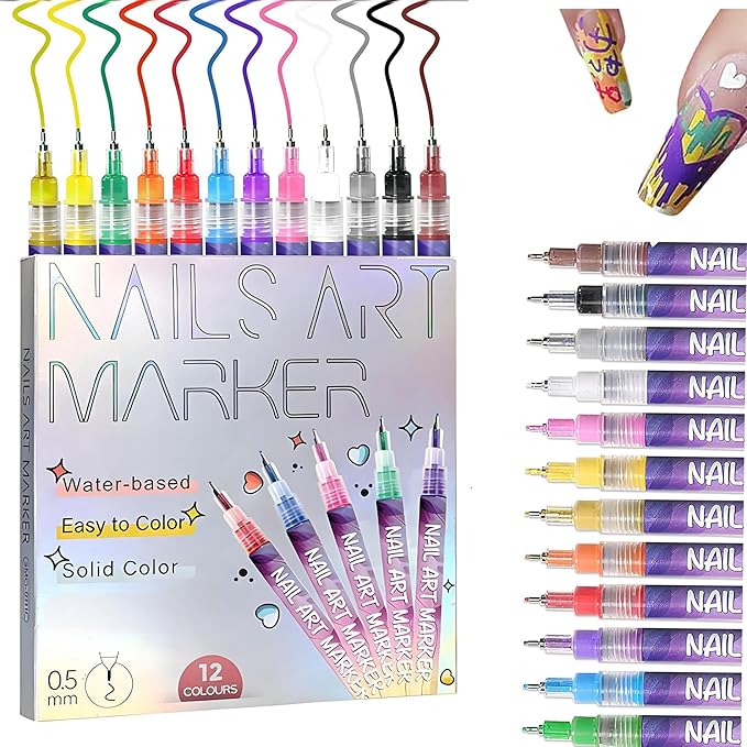 12 Colors Nails Art Pens Set,Nails Art Markers for Kids,Nails Art Markers Polish Pen for 3D Nails Art,DIY Nails Art Marker Drawing Painting Liner Pen,Portable Nails Art Tools(A-1 Set)