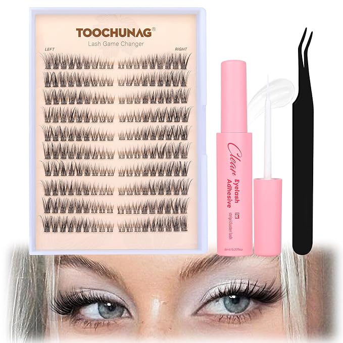 TOOCHUNAG Eyelash Clusters Lash Extension Kit Natural Cluster Eyelash Extensions Wispy Individual Lashes Clusters Kit with Clear Lash Glue and Eyelash Clusters Tweezers(180pcs)