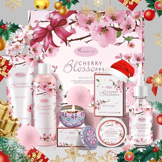 Bath and Body Gift Set for Women & Girls - Japanese Cherry Blossom 7-Piece Luxurious Home Spa Gift Set with Shower Gel, Body Lotion, Bath Oil, Bath Salts, Soap, Bath Bombs, and Candle