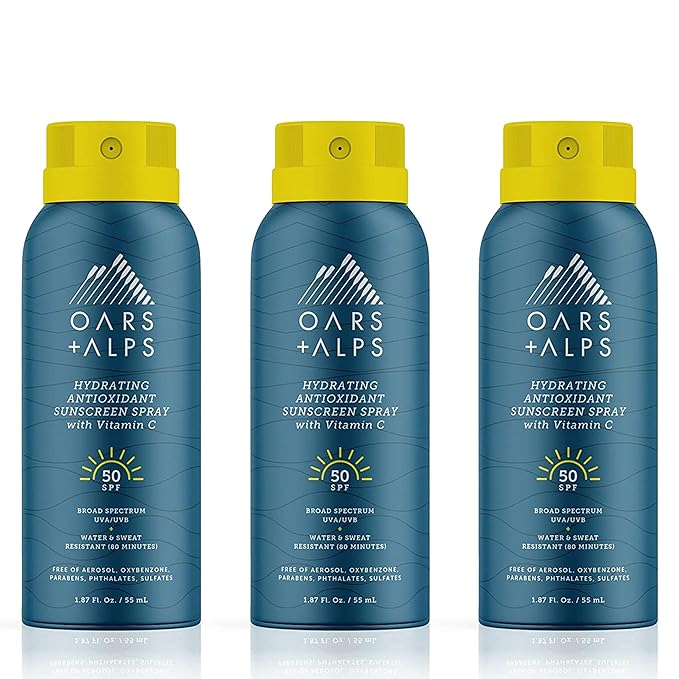 Oars + Alps Hydrating SPF 50 Sunscreen Spray, Infused with Vitamin C and Antioxidants, Water and Sweat Resistant, TSA Friendly, 1.87 Oz Each, 3 Pack
