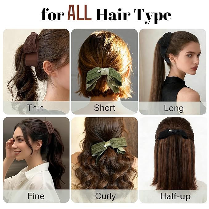 3Pcs Knitted Bow Banana Hair Clips Set, Cable Knit Hair Accessories with Satin Ribbon for Women Girls, Non-Slip Hair Women Daily Clamps for Medium/Thin/Fine Hair (NOT for Thick Hair)