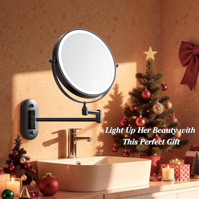 Auxmir 1X/30X Wall Mounted Lighted Makeup Mirror, 8" Rechargeable Double-Sided Magnifying Mirror with Light, Touch Dimmable 3 Color Light, 360° Rotation Foldable Extended Arm, Black
