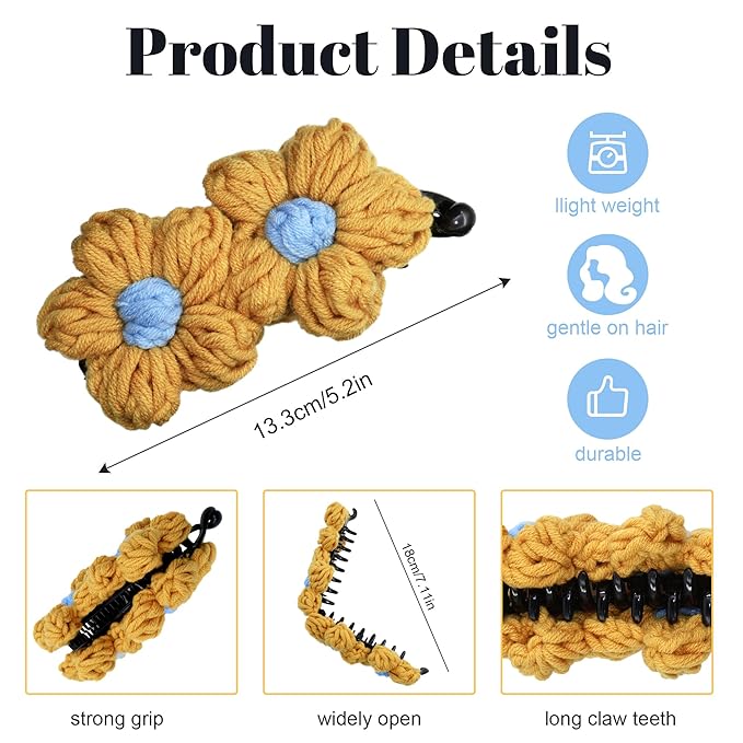 4Pcs Knitted Large Flower Banana Hair Claw Clips, Boho Yarn Hair Accessories for Women Girls, Non-Slip Floral Hair Jaw Clamps for Thick/Medium/Thin Hair, Cute Banana Hair Clips for Daily decoration