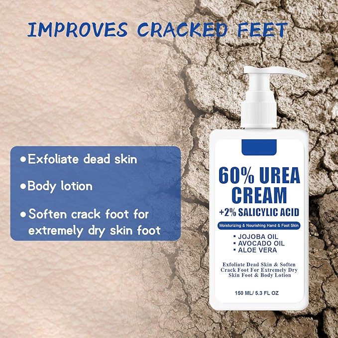 Urea 60% with 2% Salicylic Acid Foot Cream - Lotion For Dry & Cracked Feet Elbows Heels Hands, Hydrates & Nourish Foot Care for Softening & Moisturizing, Smoothing Skin Women Men, 5.3 oz (60%, 150ml)
