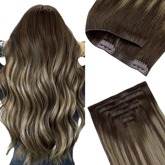 GOO GOO Invisi Edge Clip in Hair Extensions 24inch 120g 7Pcs Injected Seamless PU Clip in Hair Extensions, Virgin Real Human Hair, 4/26/4 Balayage Chocolate Brown to Honey Blonde