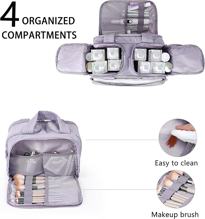 BUZFOWU Travel Toiletry Bag for Women, Large Wide-open Puffy Cosmetic Makeup Bag with Wet-Dry Separation, Multi-Pocket Organizer with Carry Handle for Toiletries, Cosmetics, Essentials, Light Purple