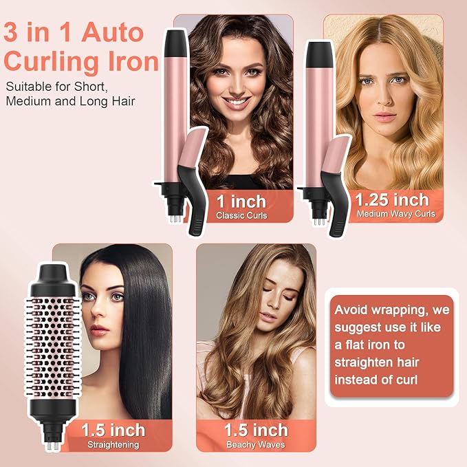 Automatic Rotating Curling Iron, 3 in 1 Thermal Brush Set 1-1 1/2 Inch, Auto Hair Curler with 3 Temps, 100 Million Ionic, Travel Dual Voltage Self Curling Wand for Beach Waves, Ceramic Coating