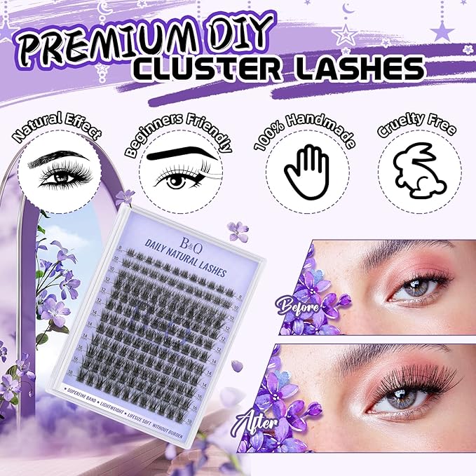 B&Qaugen Lash Clusters Natural Cluster Eyelash Extensions 144 PCS Eyelash Clusters D Curl Z01 Superfine Band Individual Lashes for Beginners 8-18mm（Z01-D-8-18mix）