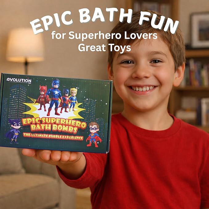 EvolutionUSA Black Epic Superhero Bath Bombs for Kids, 6 Super Hero Bath Bombs with Toy Inside, Lush Childrens Bathbombs, Organic Bathbomb with Surprise Inside, Fizzy Fun Superhero Bath Balls