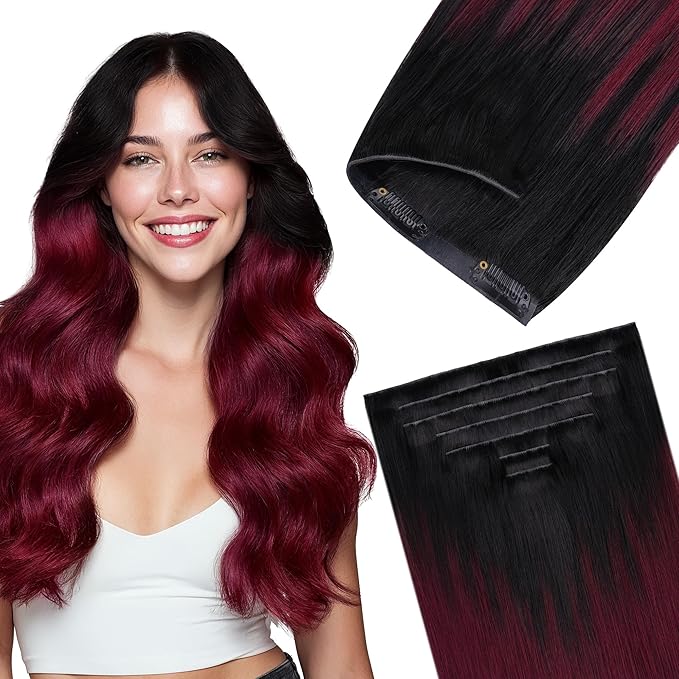GOO GOO Invisi Edge Clip in Hair Extensions 16inch 120g 7Pcs Injected Seamless PU Clip in Hair Extensions, Virgin Real Human Hair, 1/99J Balayage Jet Black to Red