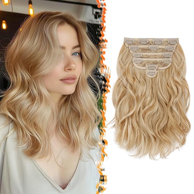 BARSDAR 12 Inch Wavy Honey Blonde Clip in Hair Extensions - 6PCs Short Wavy Honey Blonde Clip in Hair Extensions for Women - Full Head Thick Soft Synthetic Curly Hairpieces Daily Party